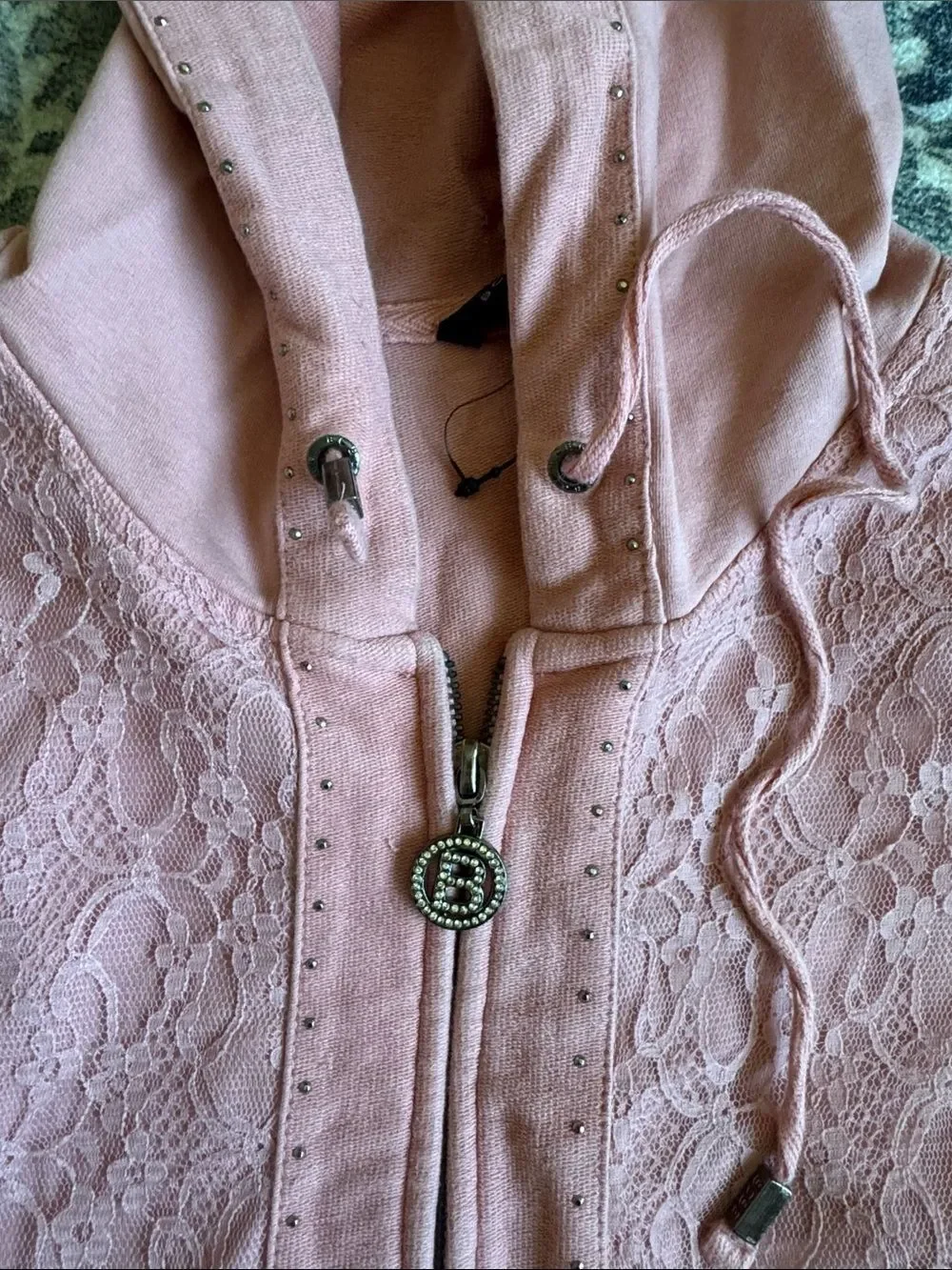 BCBG Max Azria Pink Lace-Detail Zip Hoodie